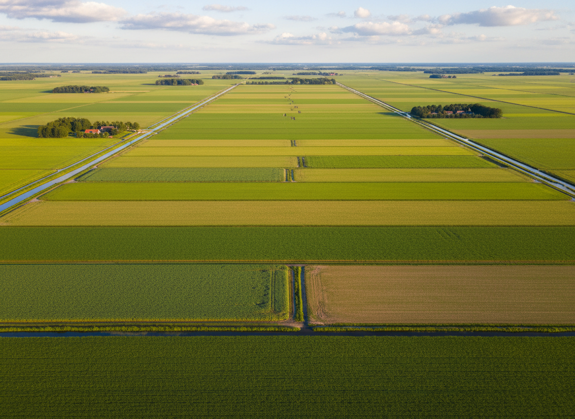 Luchtfoto van biologische landbouwgrond in de Flevolandse polder met geometrische groene velden en rechte kanalen.