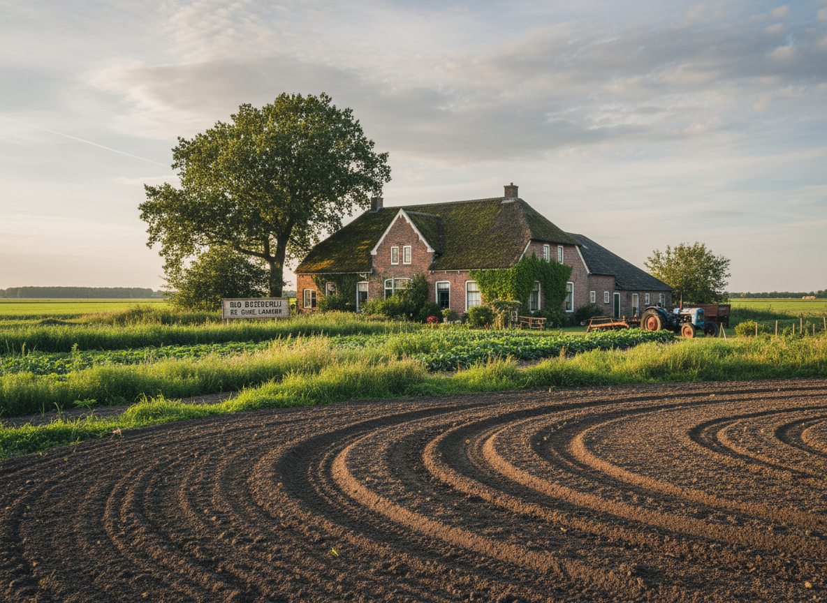 Verweerde biologische boerderij in de Flevolandse polder met een rood-bakstenen boerderij en groene velden onder een wijde lucht.