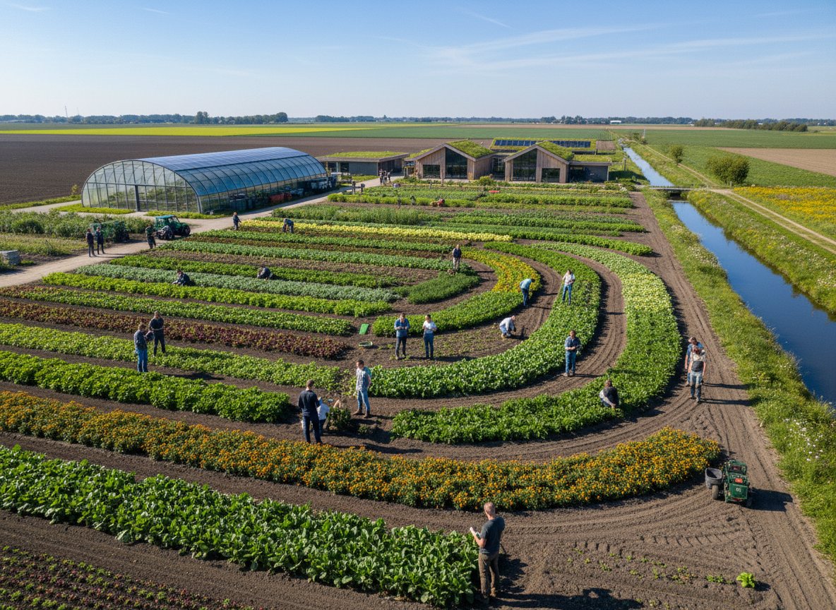 Onderzoekers en biologische boeren werken samen op een akkerbouwbedrijf in de Flevolandse polder
